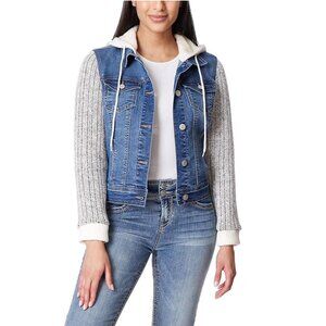 NEW WallFlower Women's Dreamer Fit Denim Jacket with Knit Sleeves and Hood P3724